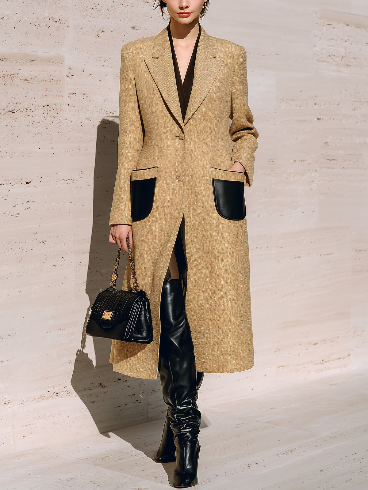 ElevenOra Chic Vintage Khaki Wool Blend Peaked Collar Single-Breasted Black PU Patch Pocket Long Coat