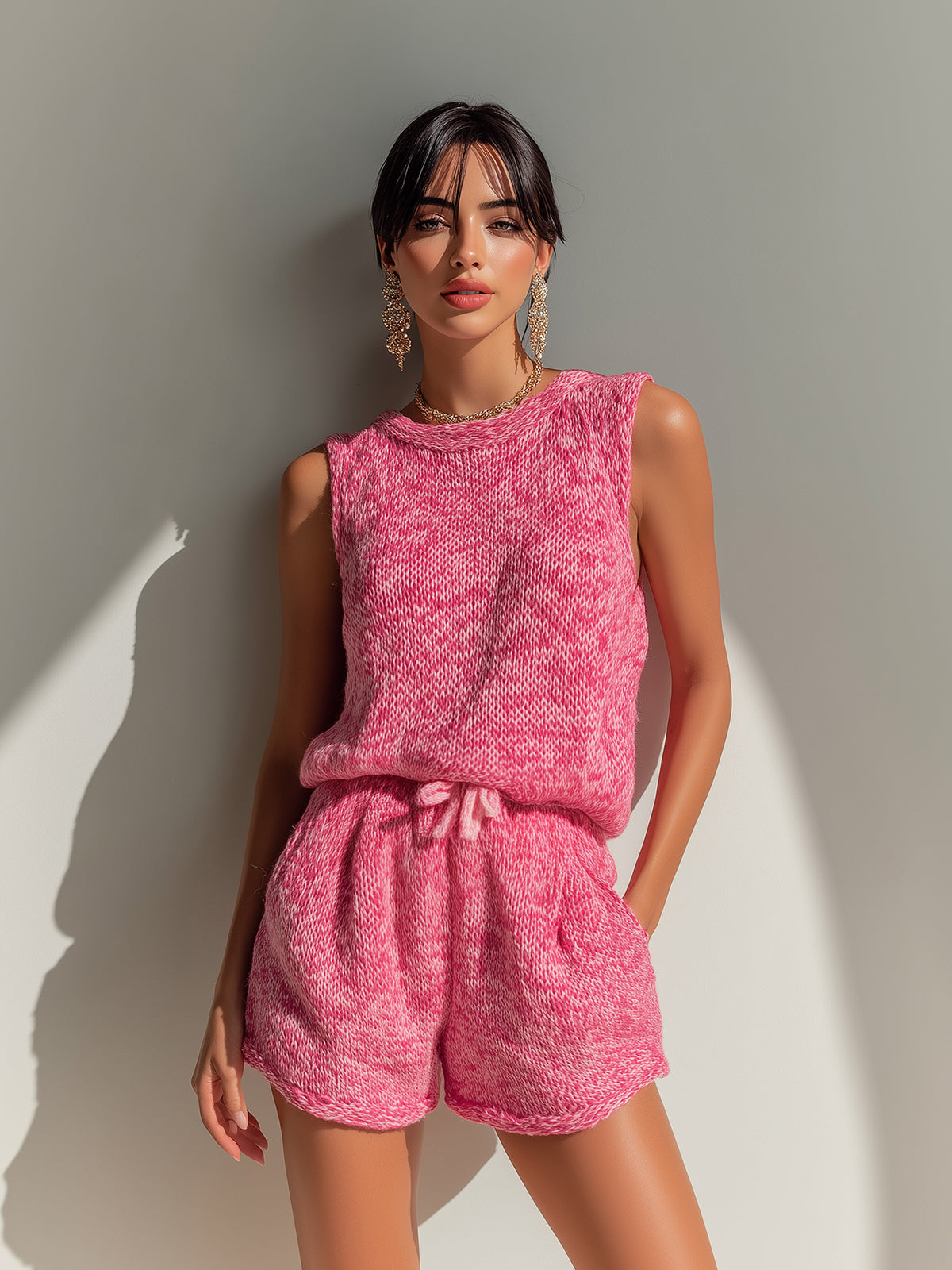 ElevenOra Chic Elegant Hot Pink Round-Neck Sleeveless Loose-Fit Vest Top Elastic-Waist Shorts Knit Two-Piece Set