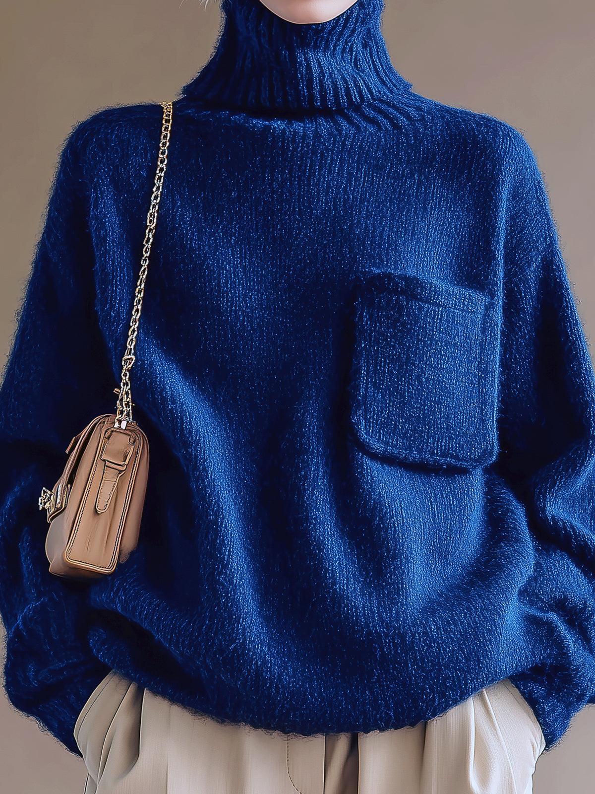 ElevenOra Chic Casual Royal Blue Turtleneck Patch Pocket Long-Sleeve Oversized Knit Sweater Top