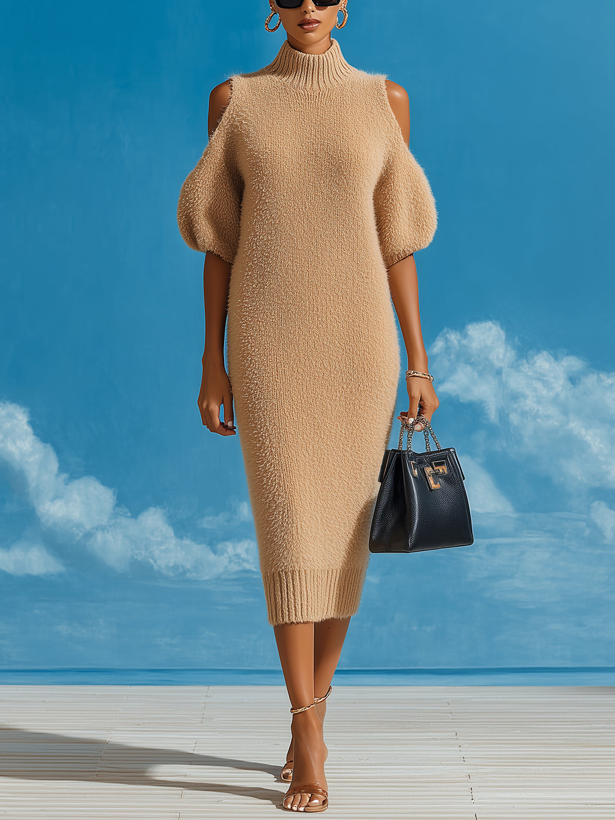 ElevenOra Chic Vintage Camel Mock Neck Cold Shoulder Short Sleeve Oversized Knit Midi Dress