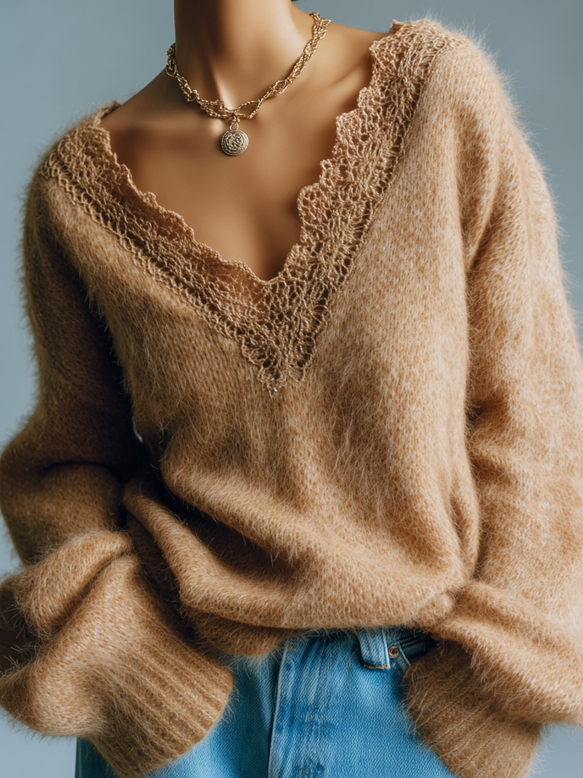 ElevenOra Chic Elegant Brown Deep V-Neck Lace Trim Detail Long Sleeve Oversize Fuzzy Knit Sweater Top