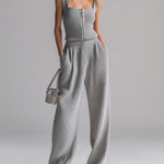 ElevenOra Chic Casual Gray Slim-Fit Zipper-Up Tank Top Wide-Leg Pants Ribbed Knit Two-Piece Set