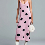 ElevenOra Stylish Elegant Pink Polka Dot V-Neck Strappy Loose Ribbed Knit Midi Dress