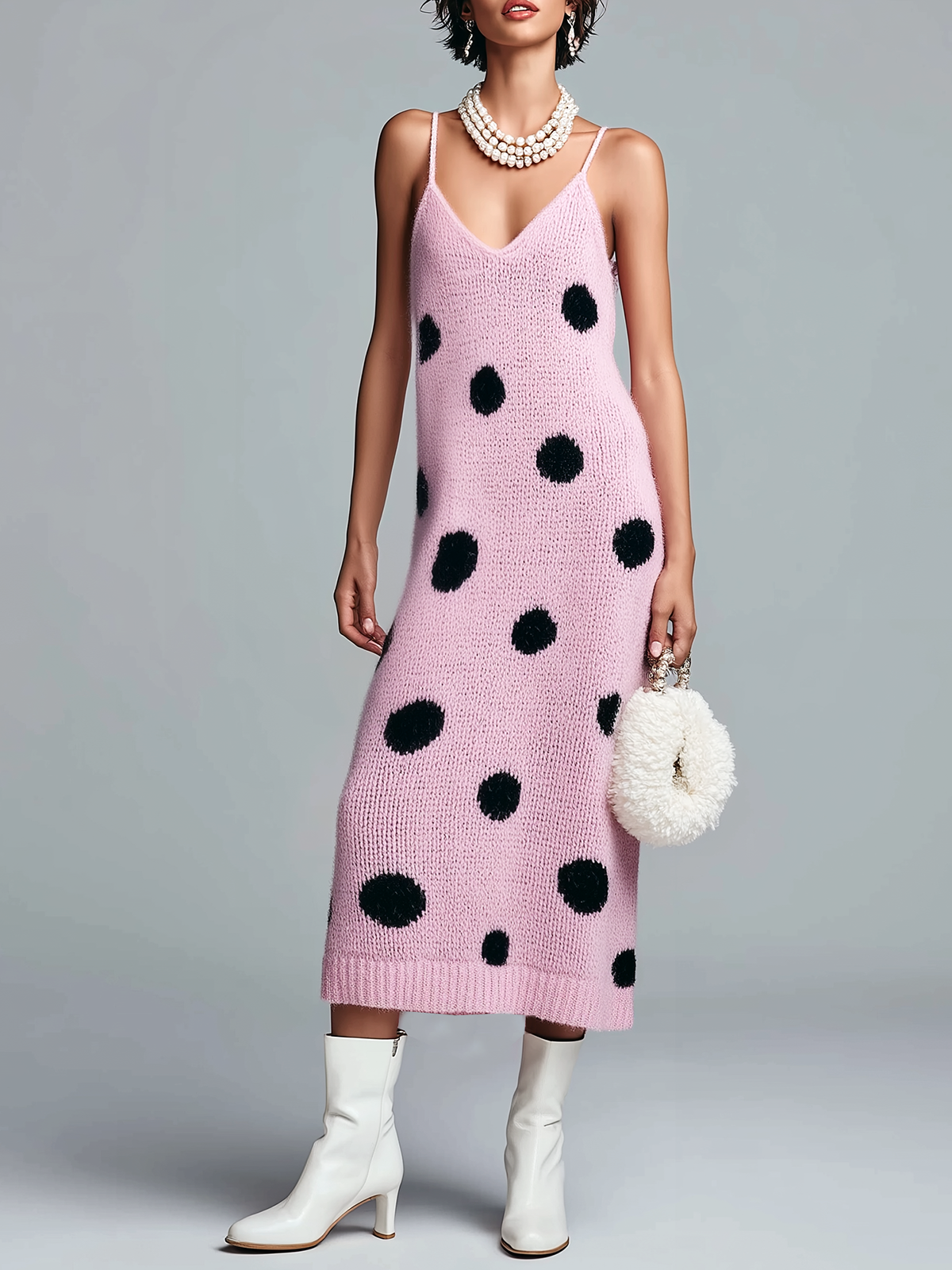 ElevenOra Stylish Elegant Pink Polka Dot V-Neck Strappy Loose Ribbed Knit Midi Dress