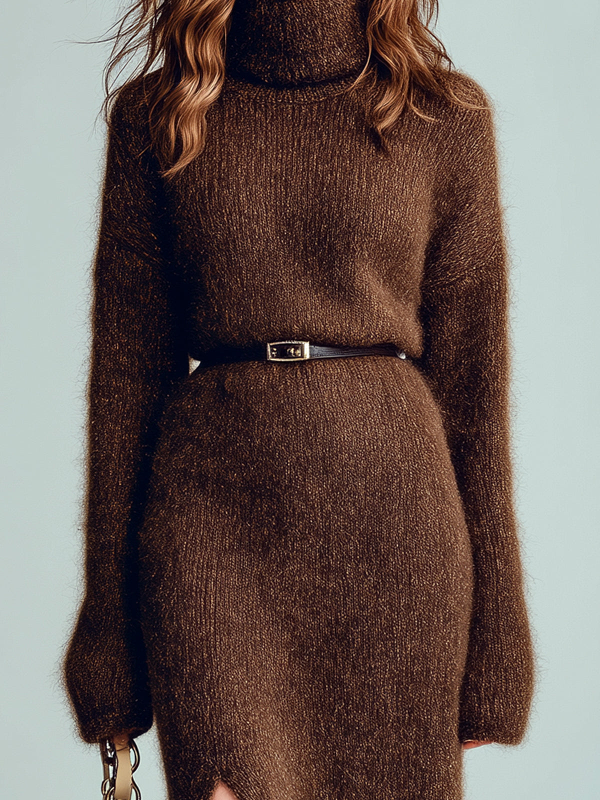 ElevenOra Chic Cozy Brown Turtleneck Long Sleeve Slim-Fit Belted Side Slit Knit Midi Dress