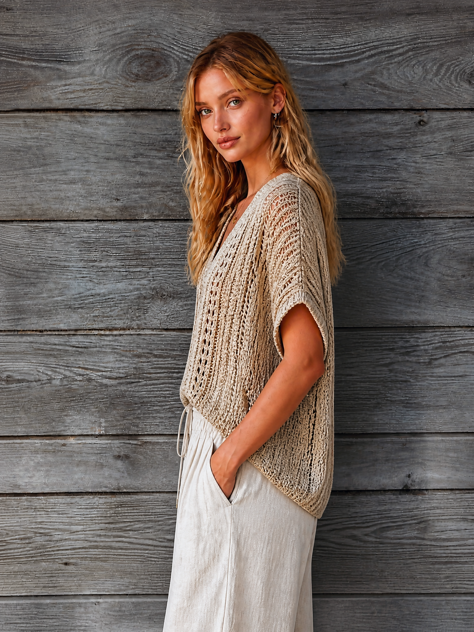 ElevenOra Chic Elegant Sand Beige V-Neck Batwing Short Sleeve Loose-Fit Hollow-Out Knit Sweater Top