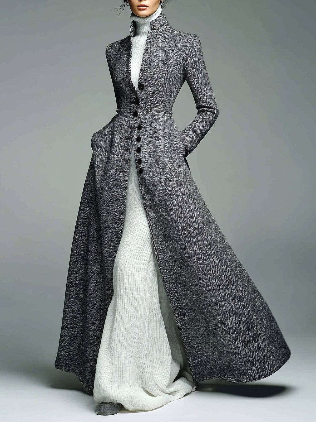 ElevenOra Vintage Elegant Herringbone Wool Blend Stand Collar Single-Breasted Tailored Waist Long Coat