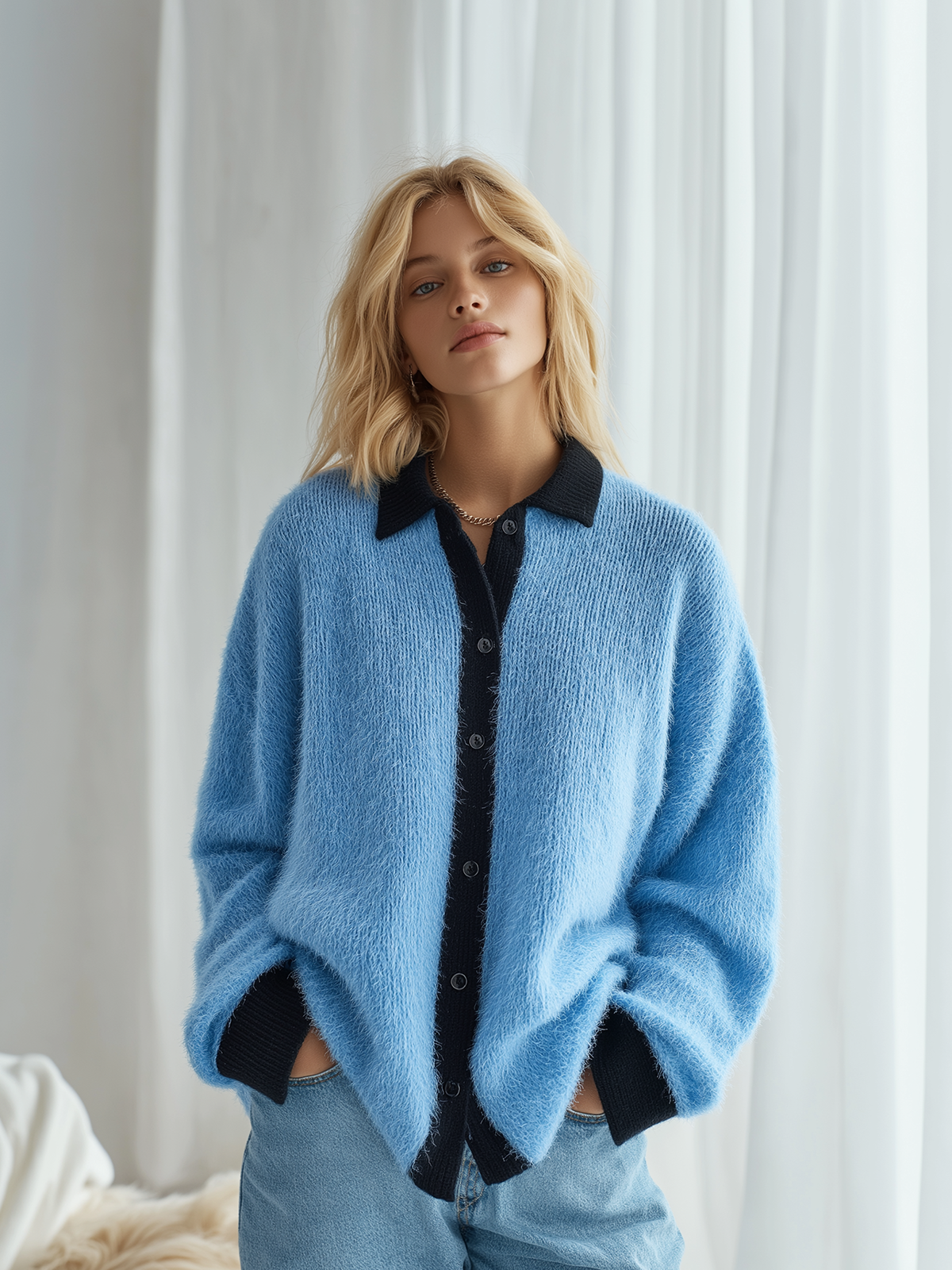 ElevenOra Chic Vintage Blue Black Colorblock Polo Collar Single-Breasted Long Sleeve Oversized Fuzzy Knit Cardigan