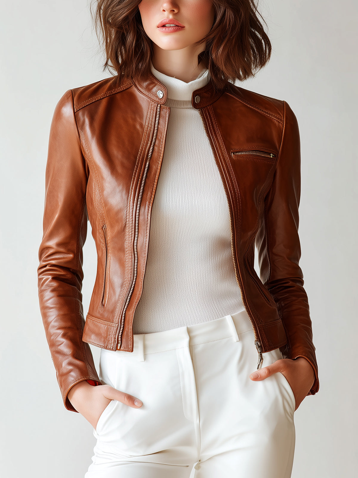ElevenOra Chic Vintage Caramel Brown Faux Leather Stand-Collar Zipper-Pocket Detail Slim-Fit Cropped Biker Jacket