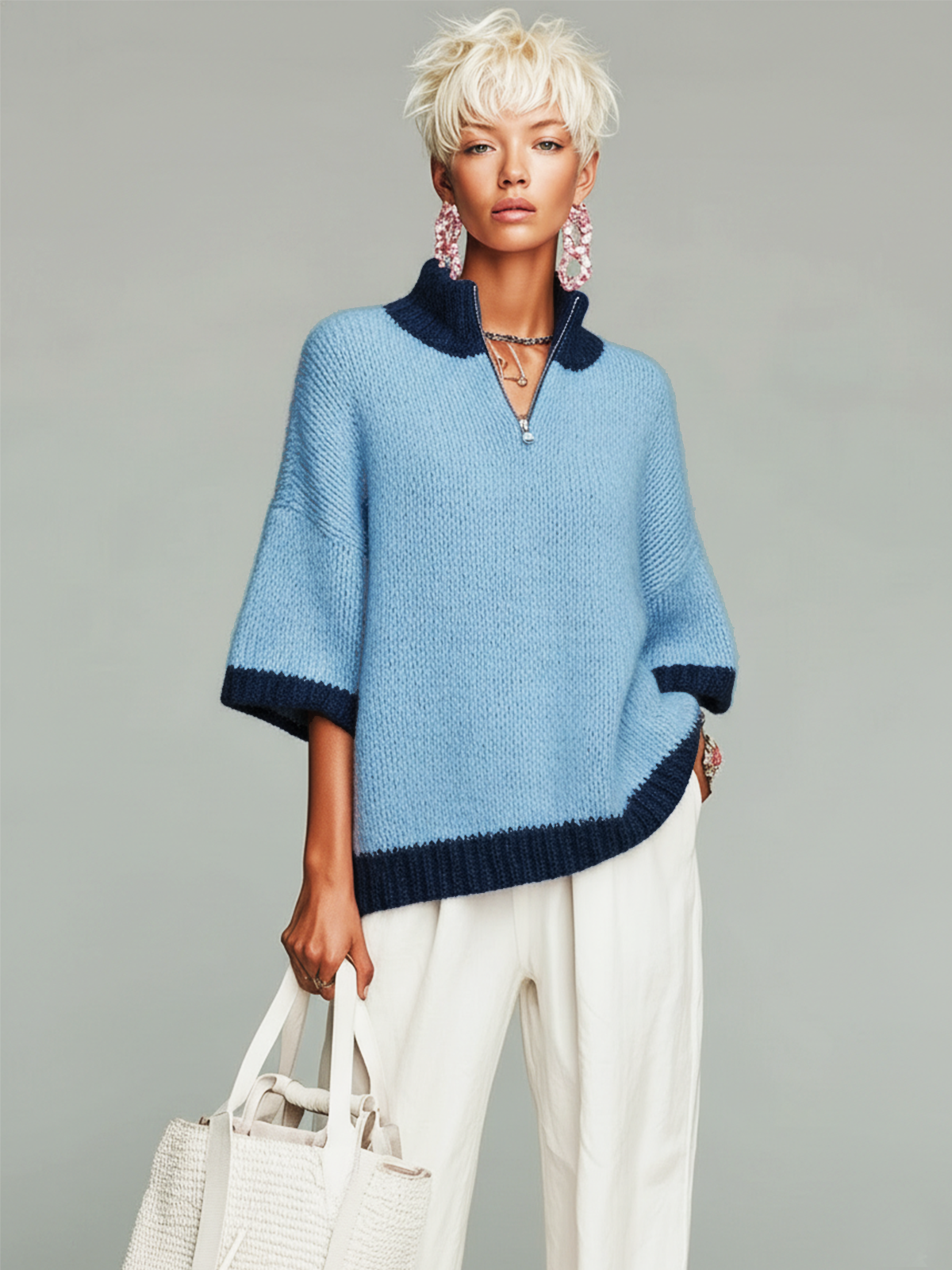 ElevenOra Stylish Casual Pink Stand-collar Zippered Short-sleeved Loose Knit Sweater Top