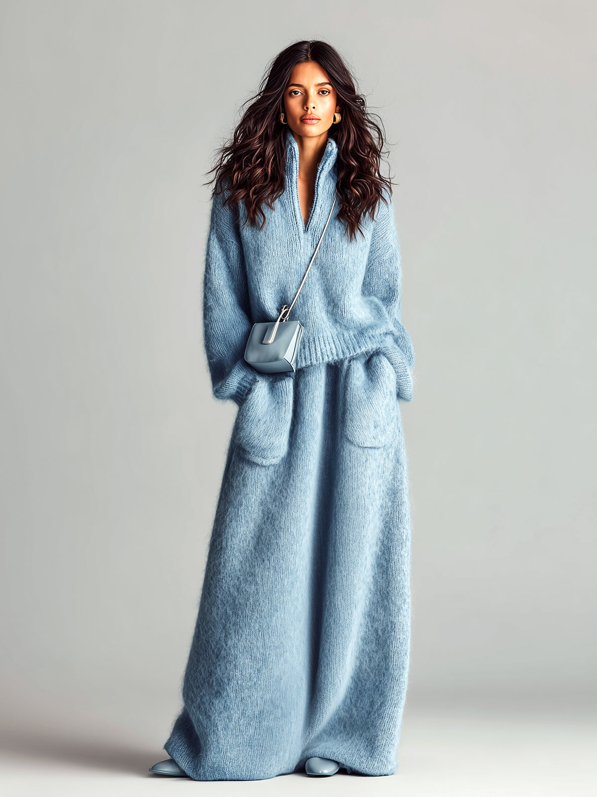 ElevenOra Chic Elegant Blue Stand Collar V Neck Long Sleeve Loose Sweater Patch Pocket Maxi Skirt Fuzzy Knit Two-Piece Set