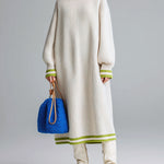 ElevenOra Chic Casual Cream White Crew Neck Contrast Stripes Oversized Long Sleeve Knit Maxi Dress