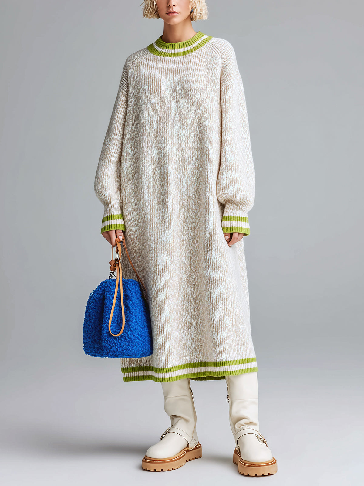 ElevenOra Chic Casual Cream White Crew Neck Contrast Stripes Oversized Long Sleeve Knit Maxi Dress