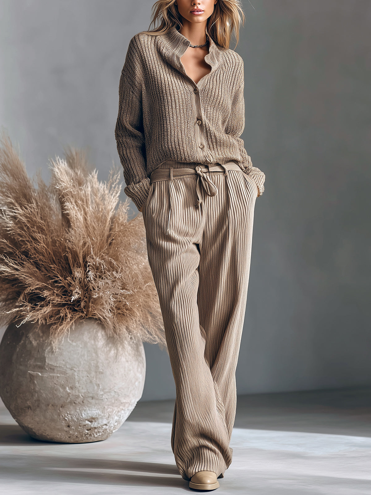 ElevenOra Chic Stand-up Collar Single-breasted Long-sleeved Cardigan Belted Wide-leg Pants Ribbed Knit Two-piece Set