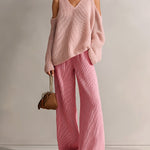 ElevenOra Chic Elegant Pink Colorblock V-Neck Long-Sleeve Cutout Details Loose-Fit Sweater And Wide-Leg Pants Ribbed Knit Two-Piece Set