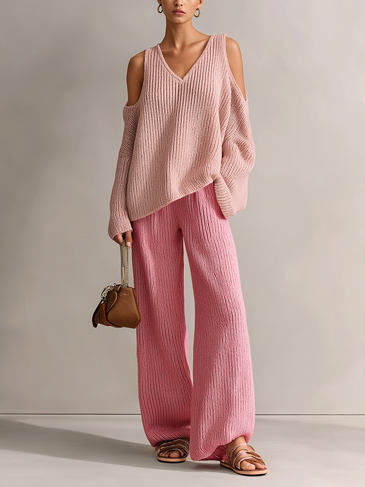 ElevenOra Chic Elegant Pink Colorblock V-Neck Long-Sleeve Cutout Details Loose-Fit Sweater And Wide-Leg Pants Ribbed Knit Two-Piece Set