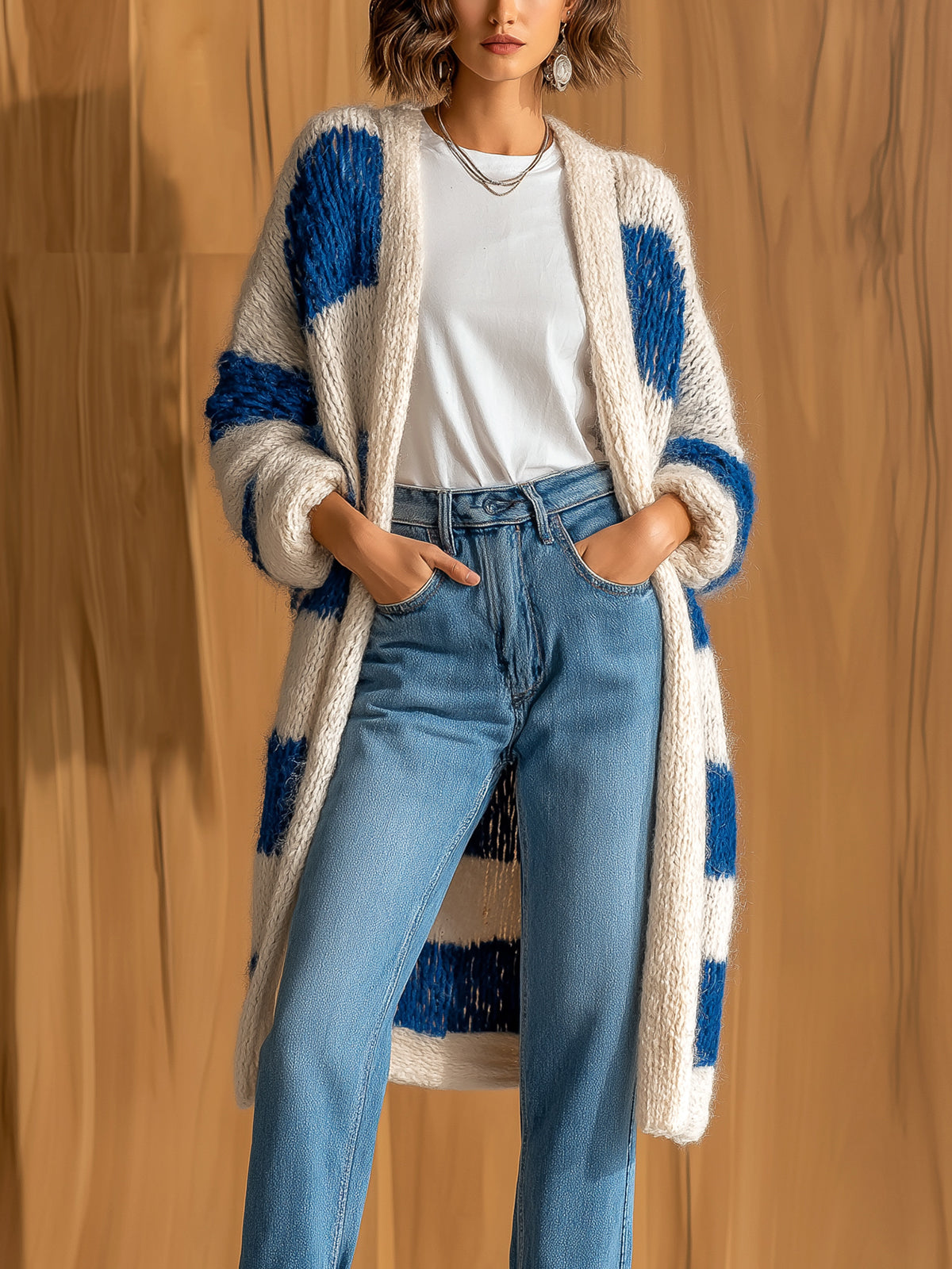 ElevenOra Chic Elegant Royal Blue Beige Stripes Shawl Collar Long-Sleeve Loose-Fit Knit Mid-Length Cardigan