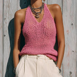 ElevenOra Chic Casual Solid Color Cotton Blend Halter V-Neck Sleeveless Hollow Out Knit Cami