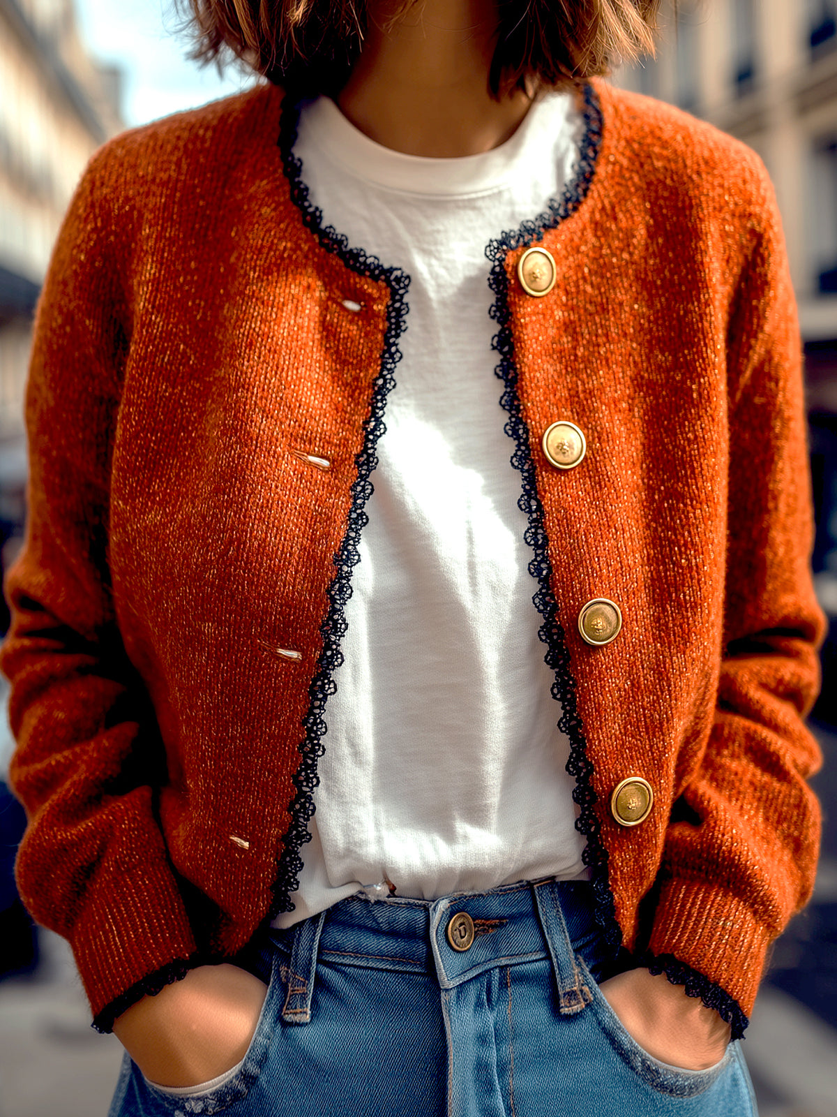 ElevenOra Chic Casual Orange-Red Round Neck Gold Button-Front Contrast Lace Trim Cropped Knit Cardigan