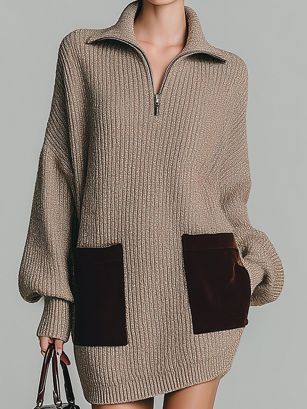 ElevenOra Chic Casual Zip-up Lapel Contrast Suede Patch Pocket Long Sleeve Oversized Knit Mini Dress