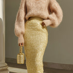 ElevenOra Fashion Mohair Knitted V-Neck Lantern Sleeve Loose Sweater With Bodycon Midi Skirt Two-Piece Set