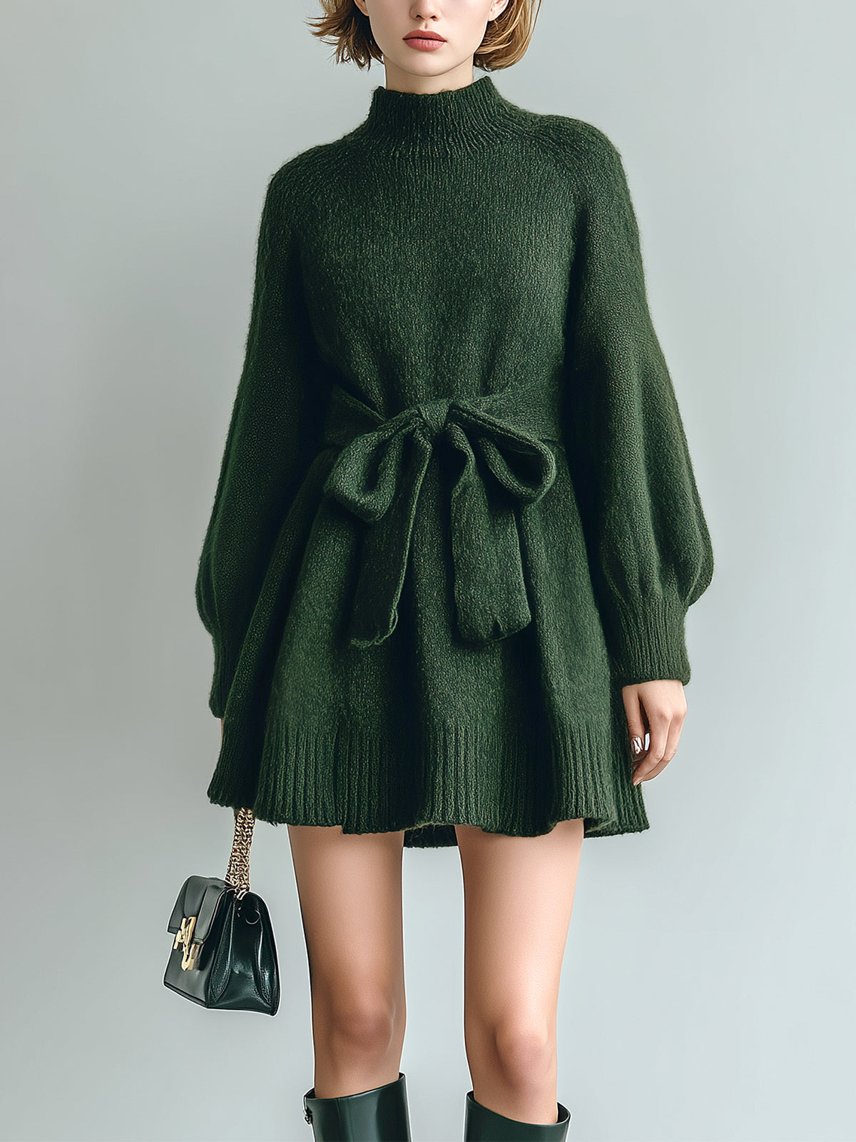 ElevenOra Chic Vintage Dark Green Mock Neck Long Sleeve Flared Ribbed Hem Tie Waist Oversized Knit Mini Dress