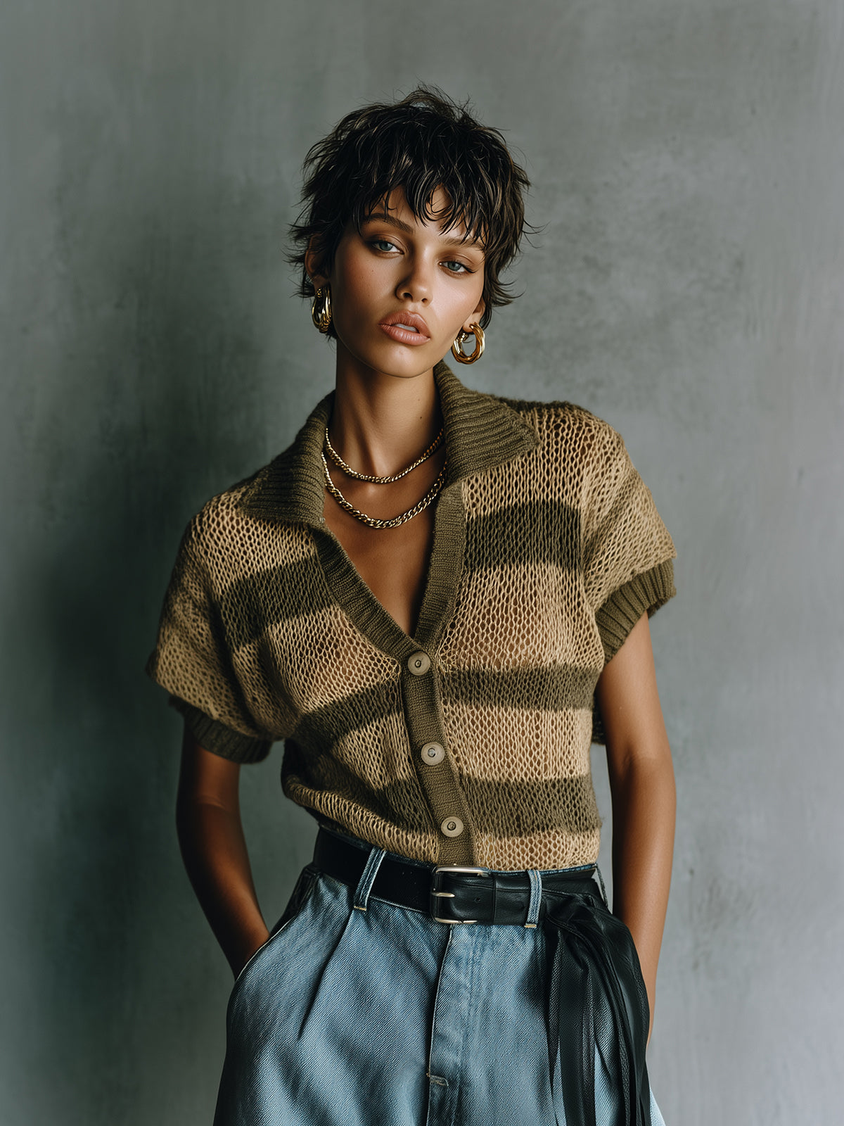 ElevenOra Chic Elegant Army Green-Camel Colorblock Lapel Single-Breasted Short-Sleeve Loose-Fit Knit Cardigan Top