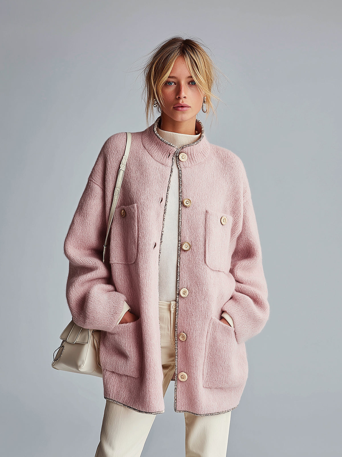 ElevenOra Chic Elegant Light Pink Stand Collar Contrast Trim Long Sleeve Single-Breasted Loose-Fit Multi-Patch Pocket Knit Cardigan