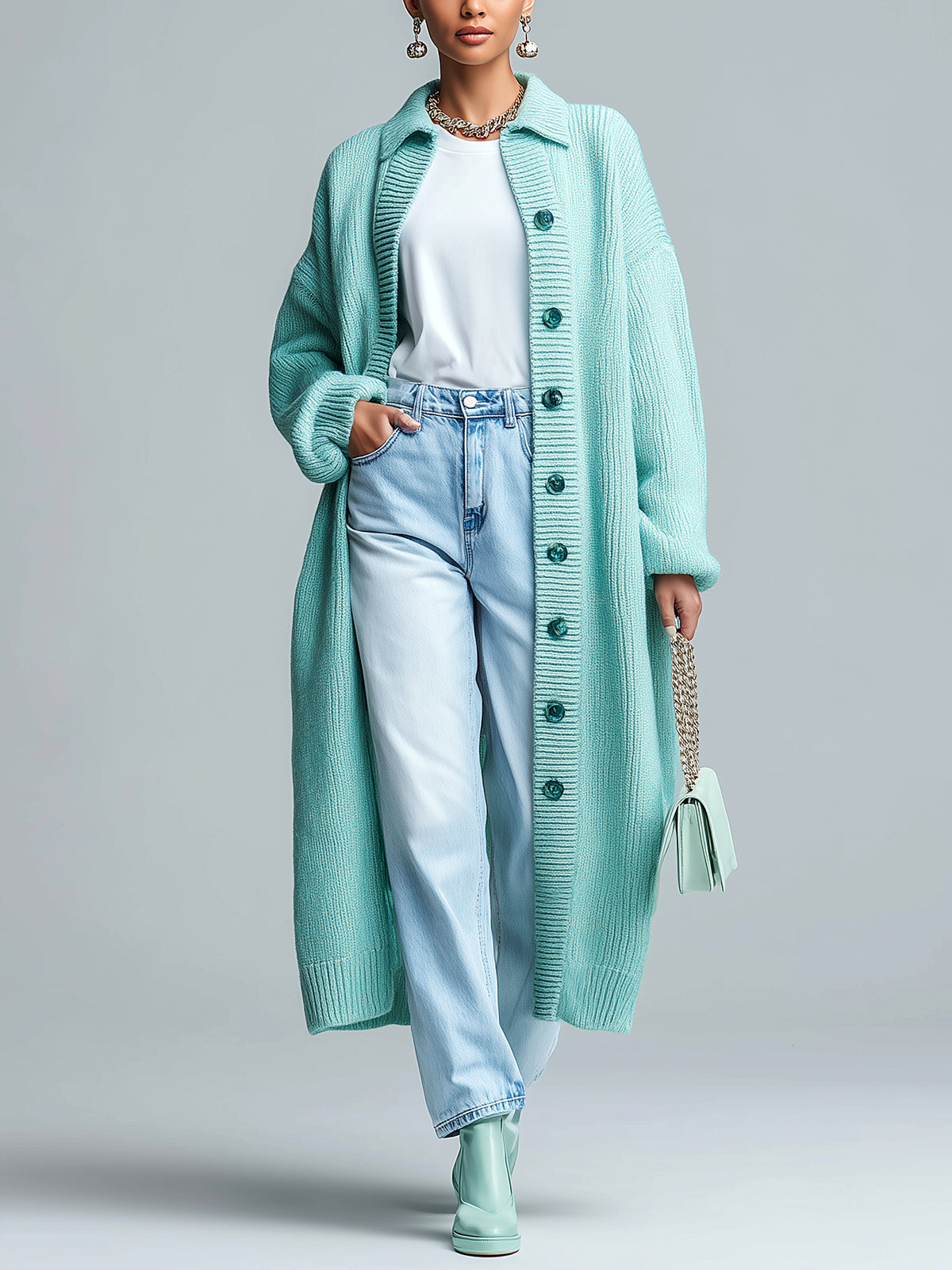 ElevenOra Chic Casual Mint Green Lapel Single-Breasted Maxi-Length Slouchy Knit Cardigan
