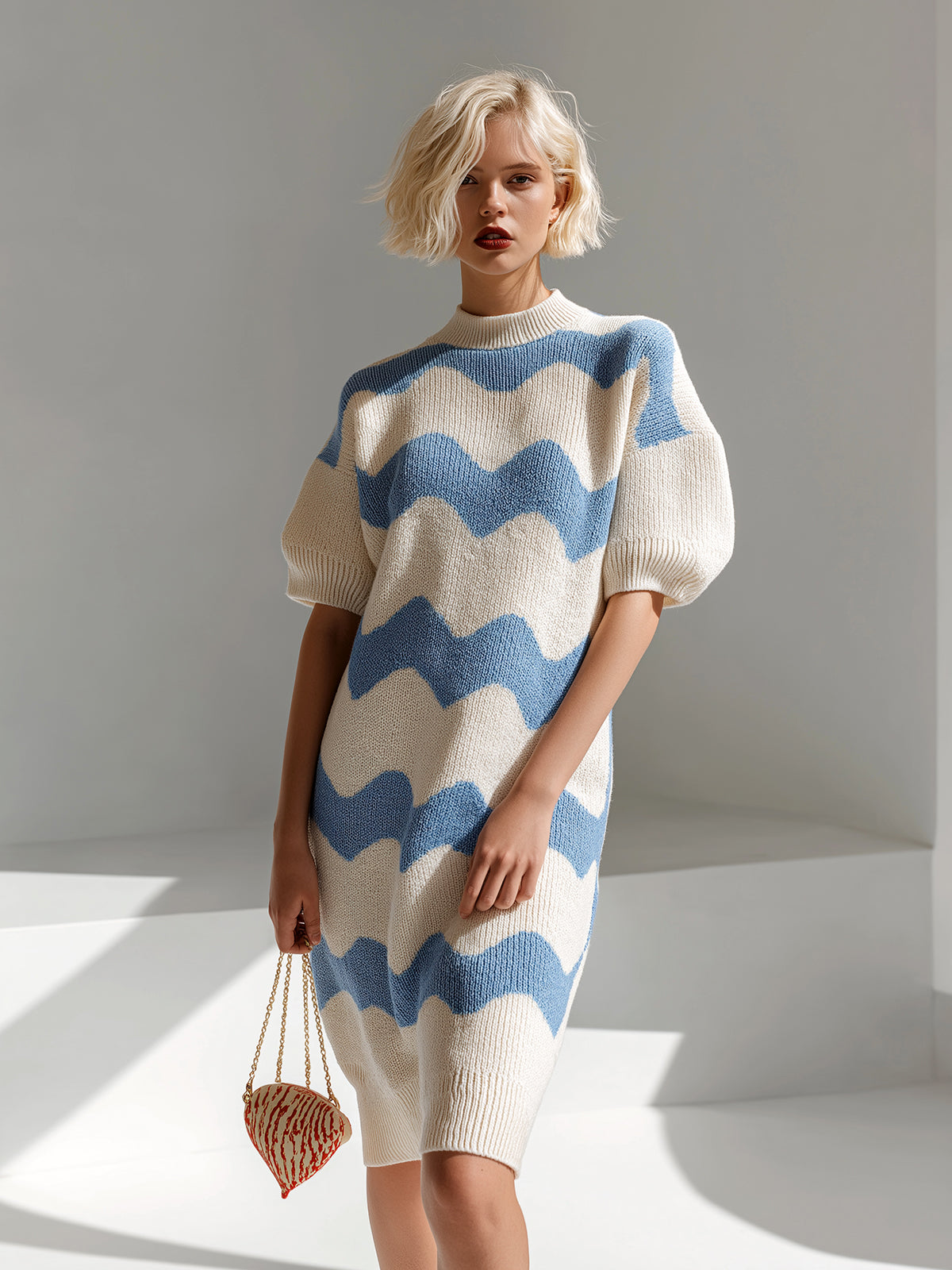ElevenOra Chic Elegant Blue White Stripes Round-Neck Short-Sleeve Oversize Knit Midi Dress