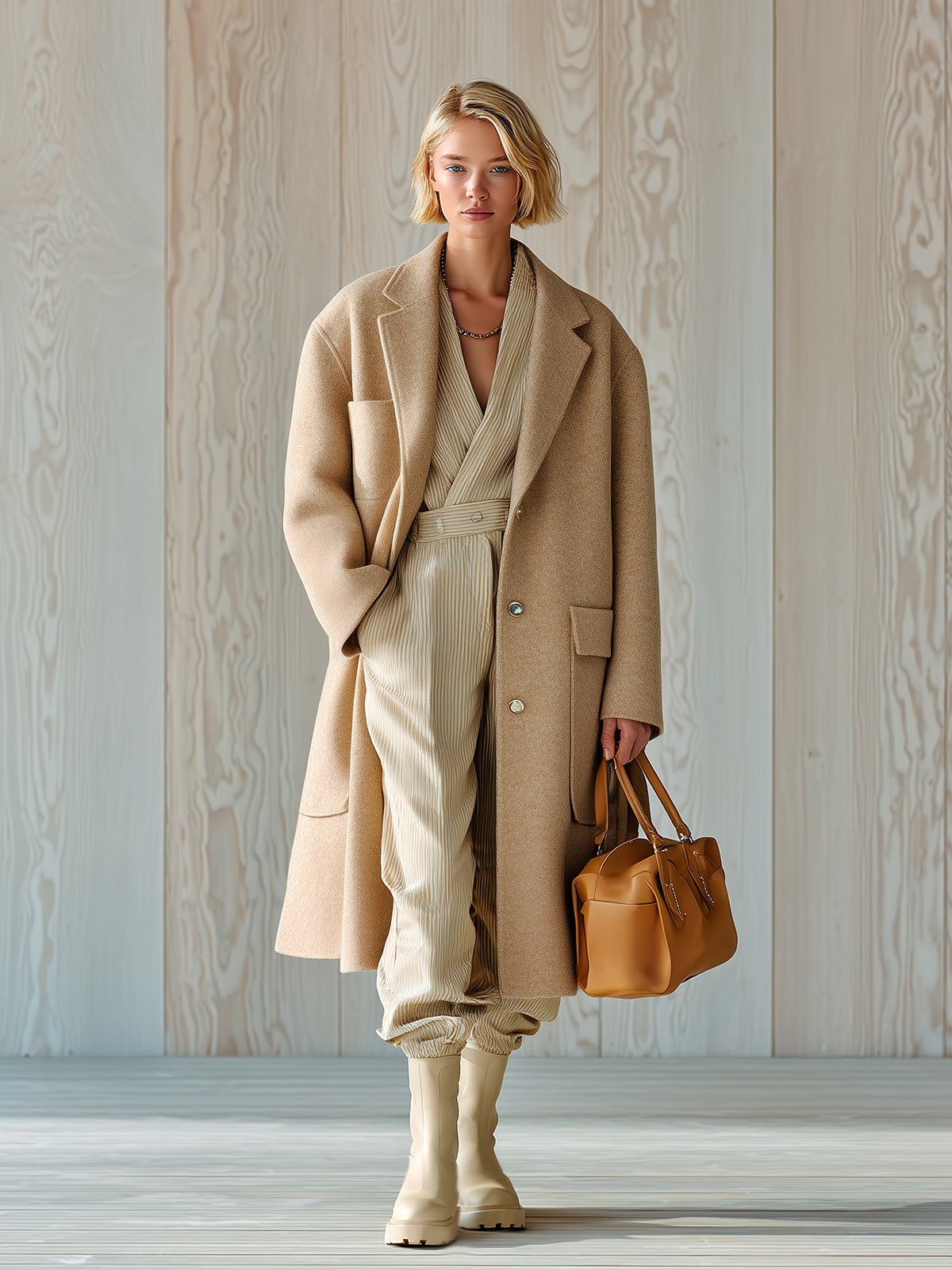 ElevenOra Chic Vintage Khaki Wool Blend Notched Collar Single-Breasted Large Pocket Slouchy Wram Mid-Length Coat