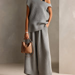ElevenOra Chic Elegant Gray One Shoulder Short-Sleeve Lace Details Loose-Fit Sweater Oversize Wide-Leg Pants Ribbed Knit Two-Piece Set