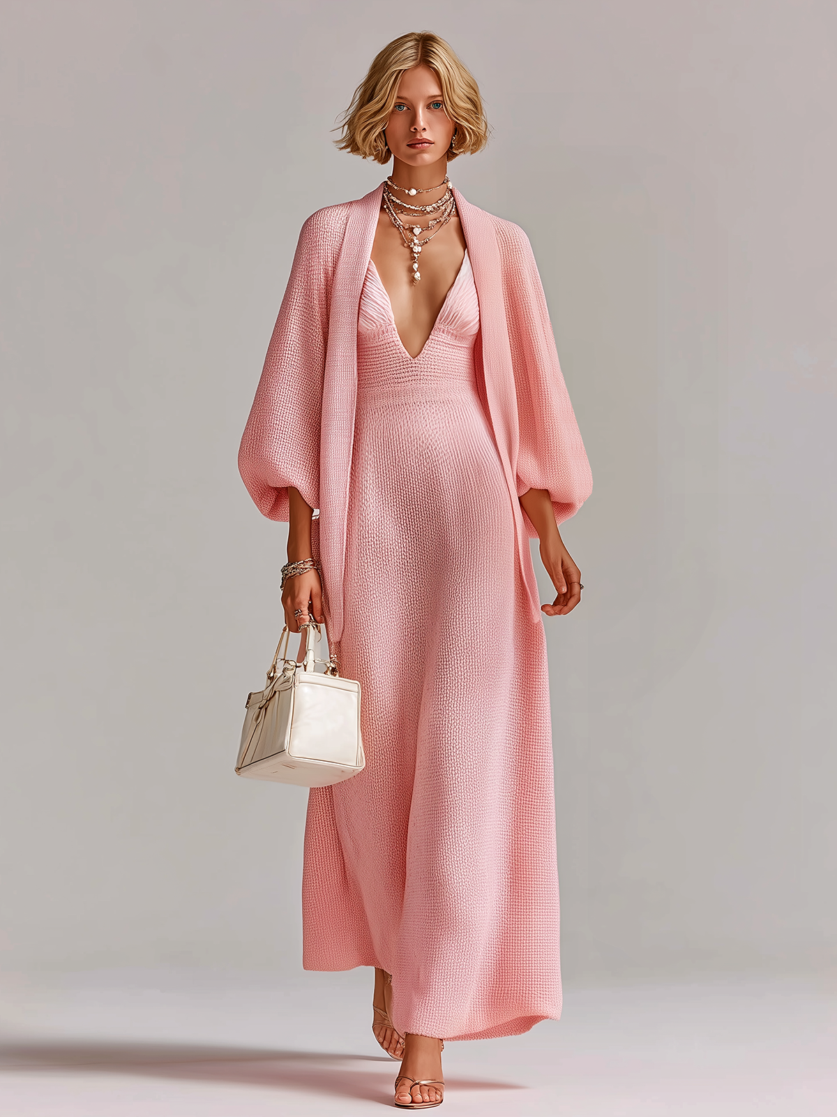 ElevenOra Stylish Elegant Pink V-neck Knit Maxi Dress Loose Bracelet Sleeves Cardigan Knit Two-Piece Set