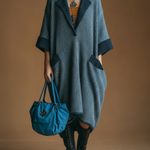 ElevenOra Chic Casual Dark Blue Notch Laple Contrast Trim Short-Sleeve Loose Ribbed Knit Midi Dress