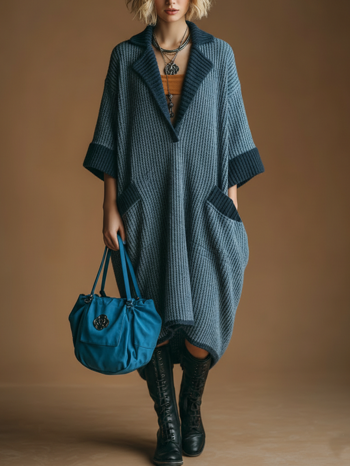 ElevenOra Chic Casual Dark Blue Notch Laple Contrast Trim Short-Sleeve Loose Ribbed Knit Midi Dress