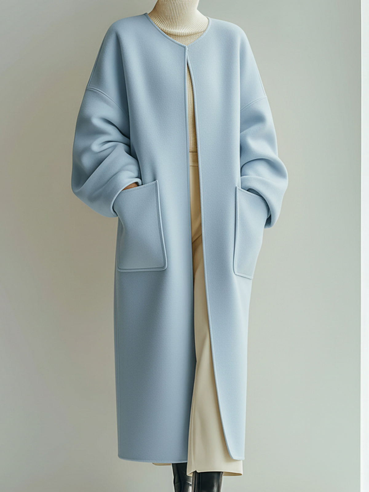 ElevenOra Chic Elegant Light Blue Wool Blend Collarless Large Pocket Slouchy Maxi-Length Coat