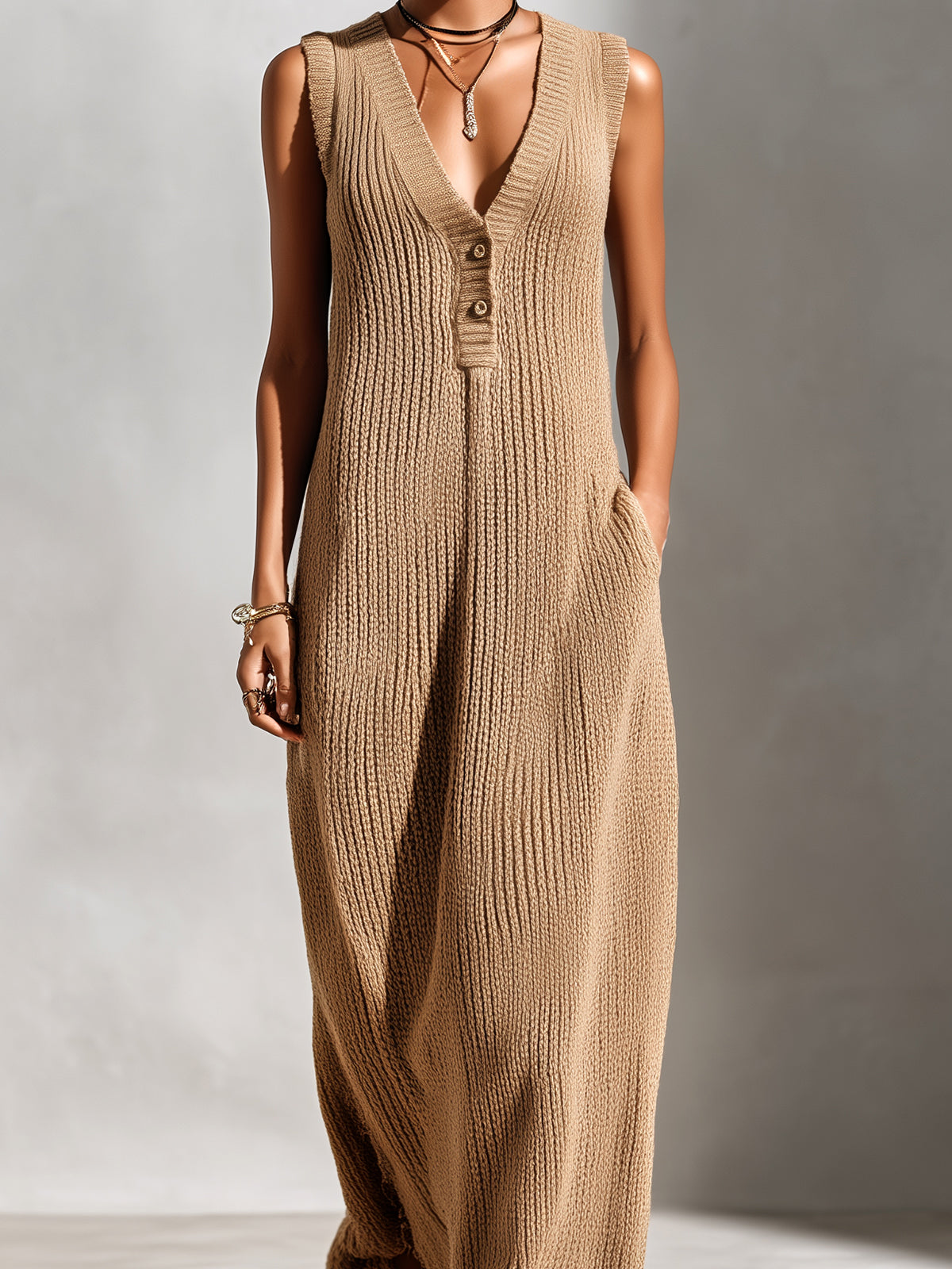 ElevenOra Chic Elegant Camel V-Neck Button-Front Sleeveless Loose-Fit Ribbed Knit Maxi Dress