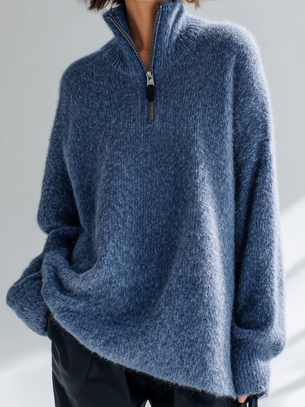 ElevenOra Chic Elegant Dark Blue Zip-Up Stand Collar Long Sleeve Oversized Fuzzy Knit Sweater