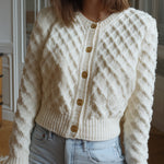 ElevenOra Casual Chic Cream White Cable Knit Crew Neck Gold Button Cropped Cardigan