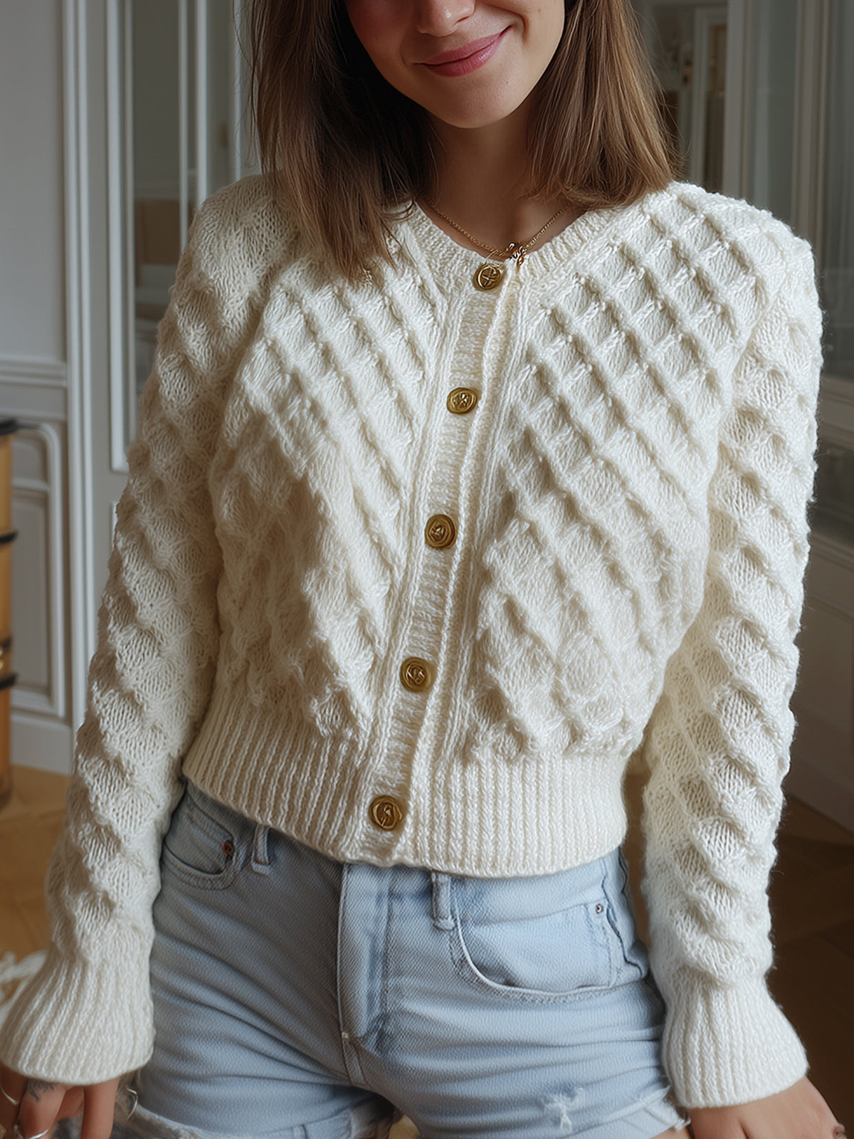ElevenOra Casual Chic Cream White Cable Knit Crew Neck Gold Button Cropped Cardigan