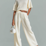 ElevenOra Stylish Elegant White Crew Neck Short-Sleeve Loose-Fit Sweater Waist Belted  Wide-Leg Pants Ribbed Knit Two-Piece Set