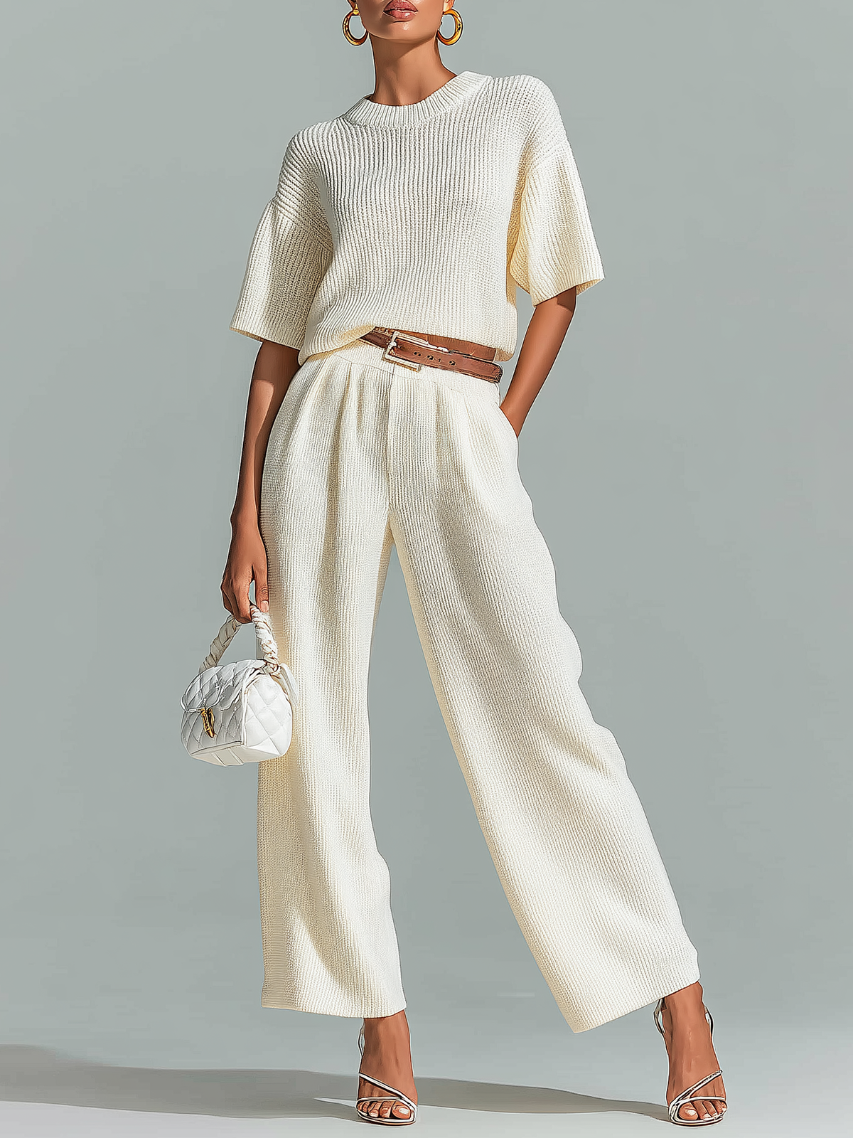 ElevenOra Stylish Elegant White Crew Neck Short-Sleeve Loose-Fit Sweater Waist Belted  Wide-Leg Pants Ribbed Knit Two-Piece Set
