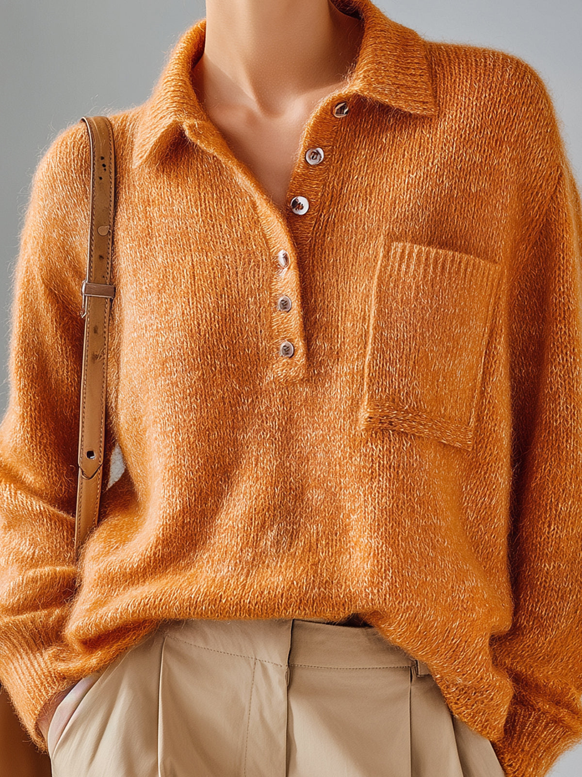 ElevenOra Chic Vintage Pumpkin Orange Polo Collar Half-Placket Pocket Fuzzy Slouchy Knit Sweater