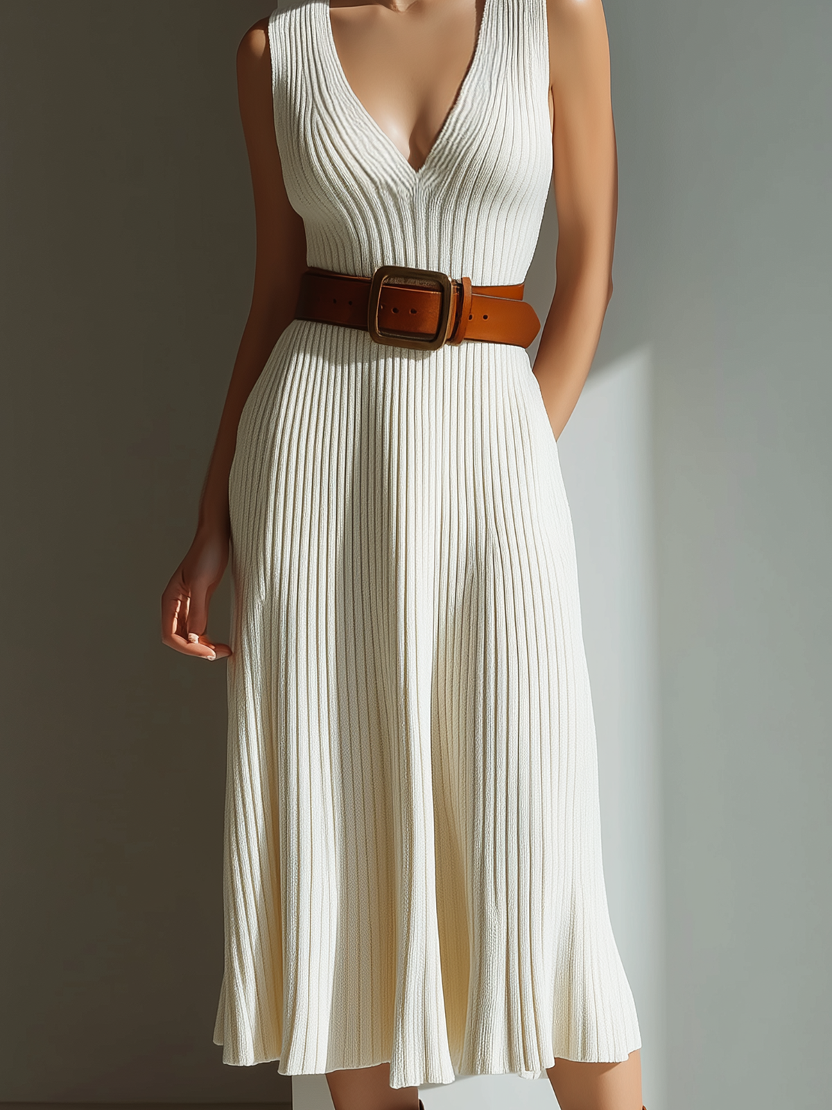 ElevenOra Chic Casual White Deep V-Neck Sleeveless Belted Slim-Fit Ribbed Knit Midi Dress
