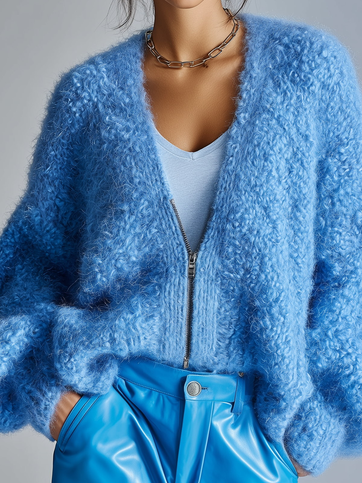 ElevenOra Stylish Casual Blue V-Neck Zipper-Front Loose Plush Knit Cardigan