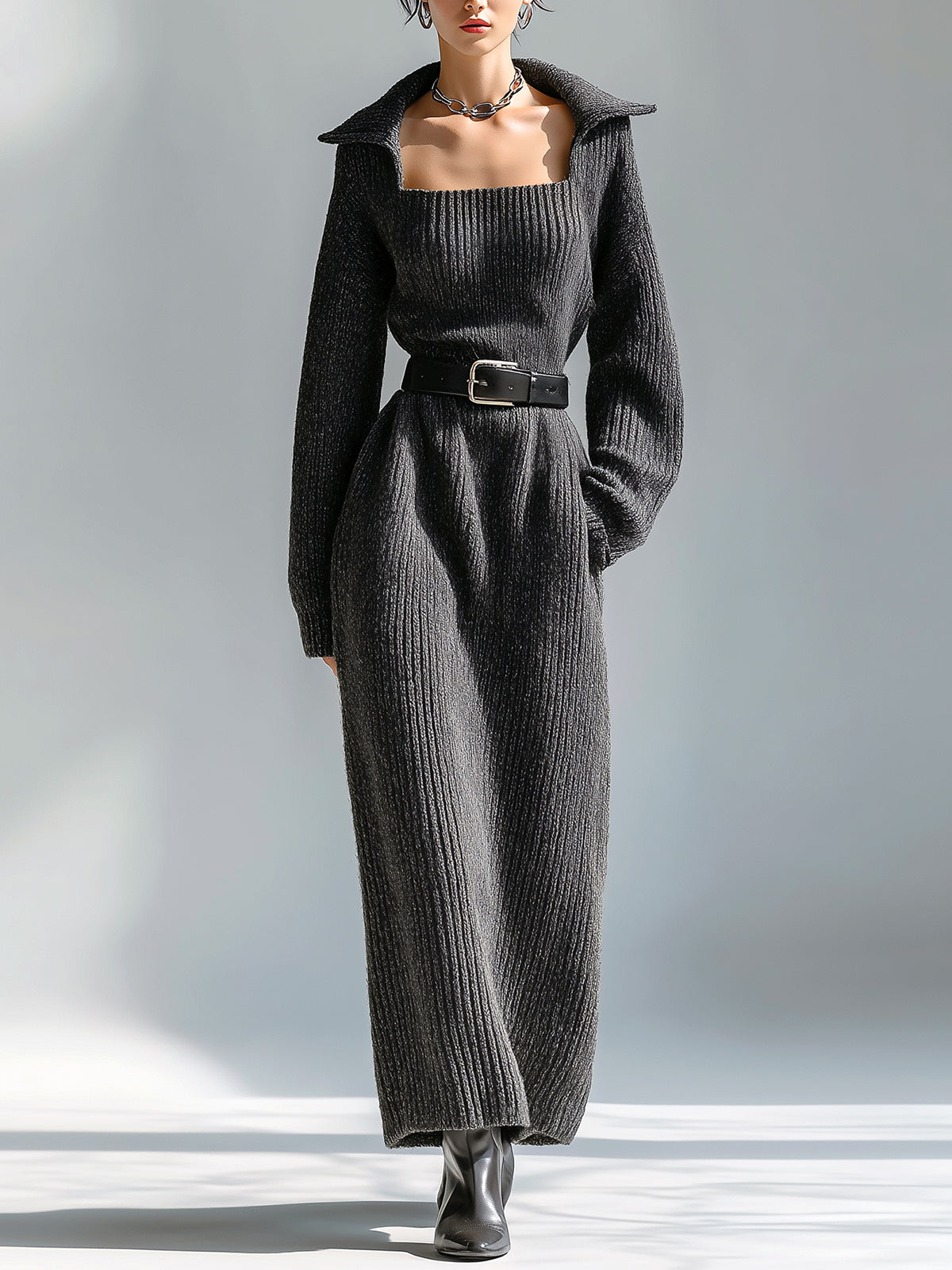 ElevenOra Vintage Elegant Lapel Square Neck Belted Long Sleeves Oversize Ribbed Knit Maxi Dress
