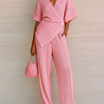ElevenOra Stylish Elegant Pink V-Neck Short-Sleeve Loose Sweater Wide-Leg Pants Knit Two-Piece Set