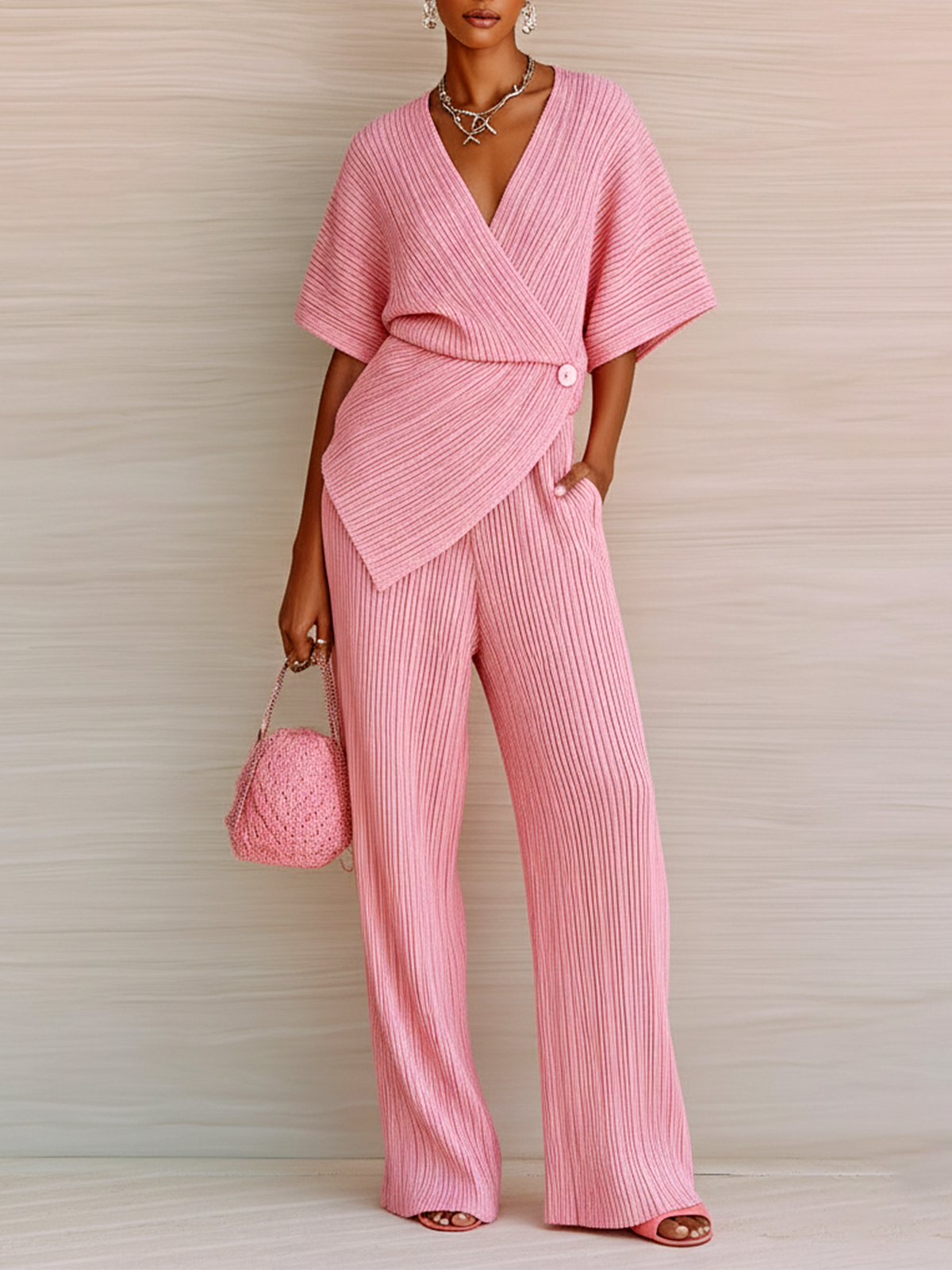 ElevenOra Stylish Elegant Pink V-Neck Short-Sleeve Loose Sweater Wide-Leg Pants Knit Two-Piece Set