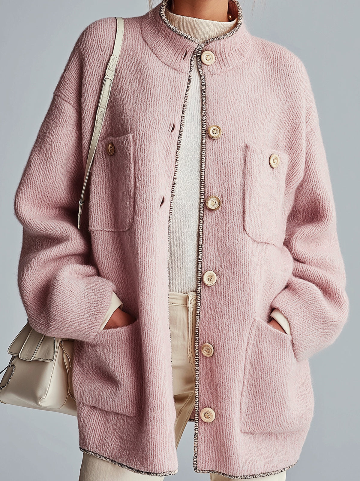 ElevenOra Chic Elegant Light Pink Stand Collar Contrast Trim Long Sleeve Single-Breasted Loose-Fit Multi-Patch Pocket Knit Cardigan