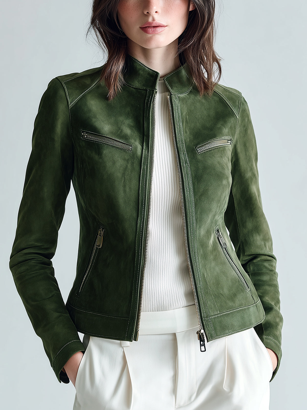 ElevenOra Chic Vintage Olive Green Faux Suede Stand-Collar Zipper Slim-Fit Cropped Biker Jacket